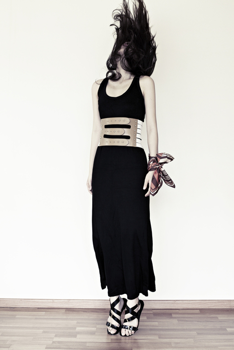 By Malene Birger leather & canvas belt, with vintage scarf worn around wrist.

Sandals and dress - nana & bird's own.