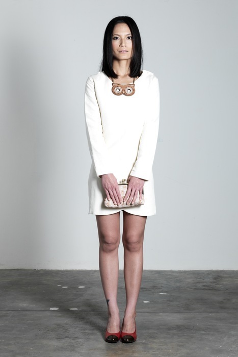 Patouf Christelle Ivory Blazer matched with Tatty Devine Wooden Owl necklace and an ila clutch