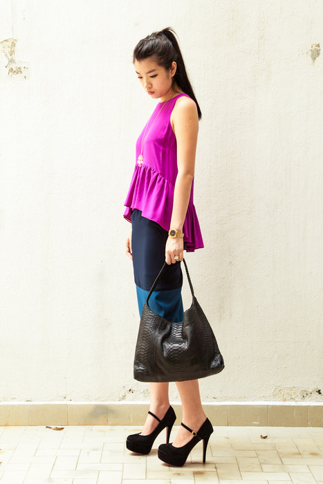 Aijek Peplum top with Granny's Day Out vintage necklace and Tezzo super soft python bag. 