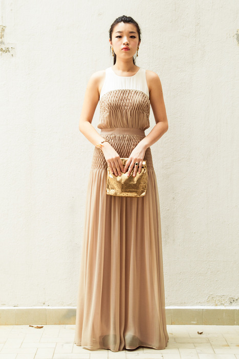 Aijek Long Maxi Dress matched with Marie Turnor gold clutch, a brass ring and Granny's Day Out vintage clip-on earrings.